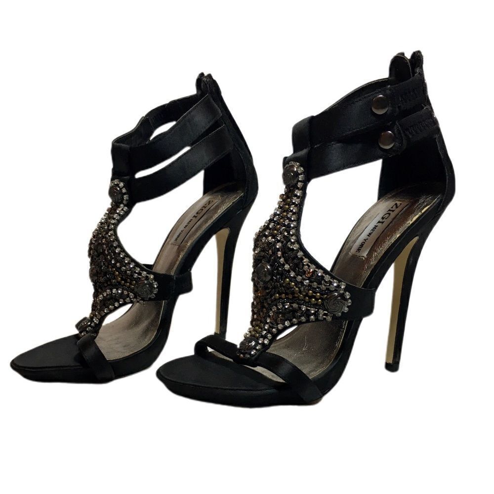 Zigi Ankle Strap Rhinestone Sexy Boudoir Stilettos Black Silver